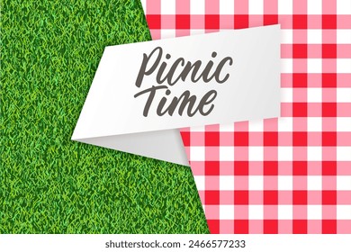 Picnic time banner, poster flyer design with tablecloth on green grass background and hand drawn calligraphy lettering on paper label. Vector realistic illustration of lawn and red gingham plaid