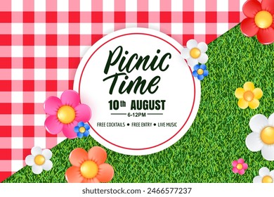 Picnic time banner, poster, flyer design with tablecloth, colorful daisy flowers on green grass background and hand drawn calligraphy lettering on circle white plate frame. Vector illustration