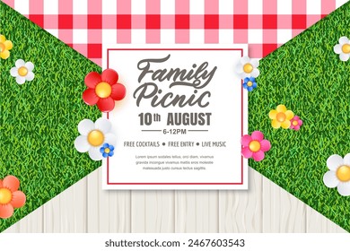 Picnic time banner, poster, flyer design with tablecloth, wooden table, colorful daisy flowers on green grass background and hand drawn calligraphy lettering on white frame. Vector illustration