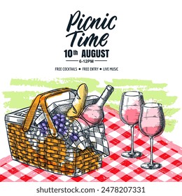 Picknick Zeit Banner, Poster, Flyer Design. Handgezeichneter Korb, Gläser Wein mit Aquarell-Textur auf rot karierter Tischdecke Hintergrund. Vektorgrafik Skizze Illustration und Kalligrafie Schriftzug