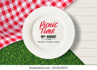 Picnic time banner, poster, flyer, invitation design with empty white ceramic plate, red checkered tablecloth on green grass background. Vector 3d realistic top view illustration