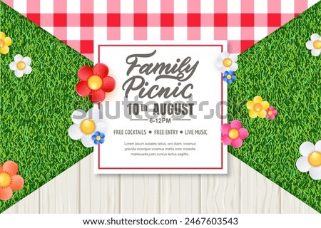 Picnic time banner, poster, flyer design with tablecloth, wooden table, colorful daisy flowers on green grass background and hand drawn calligraphy lettering on white frame. Vector illustration