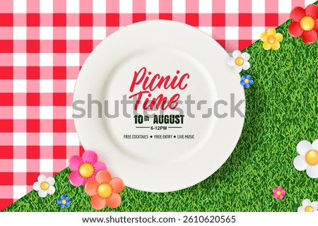 Picnic time banner, poster, flyer, invitation design with empty white ceramic plate, tablecloth, multicolor flowers on green grass background. Vector 3d realistic top view illustration