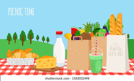 Picnic time. Fresh food, vegetables and fruits, shake and bread on table. Outdoor breakfast vector illustration