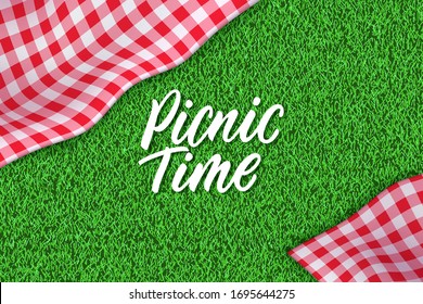 Picnic time hand drawn calligraphy lettering. Horizontal spring or summer background with tablecloth on green grass. Vector poster or banner design template with realistic red gingham plaid on lawn