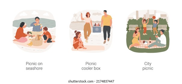 Picnic Time Isolated Cartoon Vector Illustration Set. Happy Family Members Sitting On Blanket On Sand, Seaside Picnic, People Carry Cooler Box With Cold Drinks, Lunch In Urban Park Vector Cartoon.