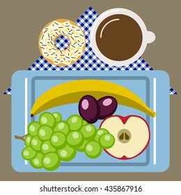 Picnic time, nature, outdoor recreation, napkin, plate, cup, donut, grape, apple, plum, banana, fruit, dessert, coffee, tea, breakfast. Vector illustration. Grouped for easy editing.