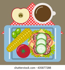 Picnic time, nature, outdoor recreation, napkin, plate, knife, fork, sandwich, sausage, cheese, lettuce, pepper, cucumber, olives, breakfast. Vector illustration. Grouped for easy editing.