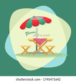 PICNIC TIME. Parasol. Picnic at the park. Vector flat illustration. Table with chairs. Emblem