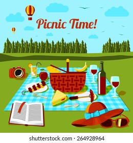 Picnic time poster with different food and drink on the cloth, with countryside view. Vector 