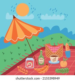 Picknickzeitszene mit Regenschirm