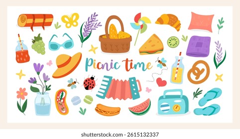 Picnic time vector set. Hand drawn flat illustrations with picnic basket, summer food, drinks, flowers, wind spinner, radio, blanket, hat, sunglasses. Perfect for summer and vacation designs 