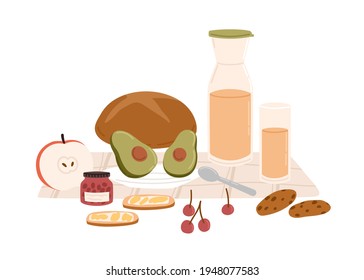 Picnic towel with served food and snacks for outdoor breakfast or lunch. Bread, avocado, bottle of juice, jar of jam, apple and cookies. Colored flat vector illustration isolated on white background