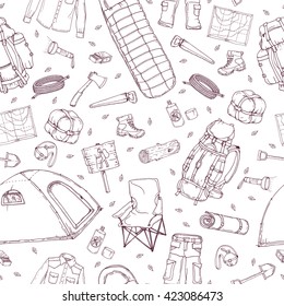 picnic, travel, camping objects seamless pattern; hand drawn vector illustration in sketch style; contour tent, axe, sleeping bag, backpack, map, mat, saw, shovel, flask, clothes, shoe, rope, matchbox