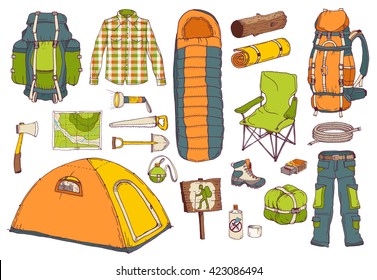 picnic, travel, camping objects set; hand drawn vector illustration in sketch style; hiking colorful elements: tent, axe, sleeping bag, backpack, map, mat, saw, shovel, flask, clothes, rope, matchbox