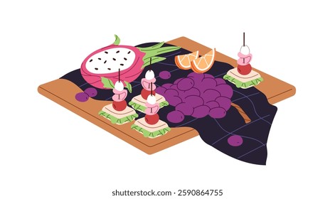 Picnic with tropical, exotic snacks, dragon fruit, grape, orange slices and tasty canapes. Food is on board at nature. Romantic date with eating outdoors. Flat isolated vector illustration on white