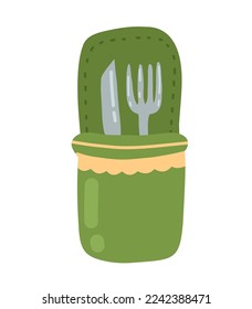 Picnic utensils. Fork and knife in a case. Illustration of dishes for menus, magazines, advertising.


