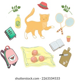 picnic vacation with a cat in panama hat, tablecloth with fruit, juice in a bottle, stickers.