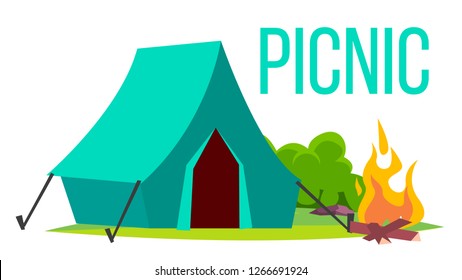 Picnic Vector. Bonfire And Tent. Summer Vacation. Outdoor Relax. Isolated Cartoon Illustration
