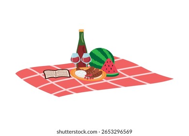 Piquenique. Ilustração vetorial de cobertor de piquenique com lanches, garrafa de vinho, copos