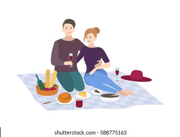 Picnic, vector illustration. Couple together outdoor relax. people recreation scene in flat style.