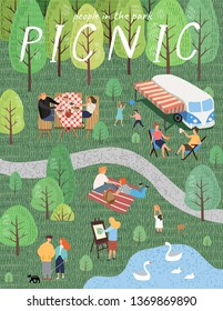 Picnic. Vector illustration of people resting on the nature in the park. Drawing by hand active family weekend in the forest by the lake with a barbecue, bus, children's games, walks. Top view