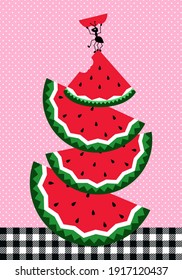  Picnic vector illustration. Stack of watermelon slices with an ant on top. Cartoon style.
