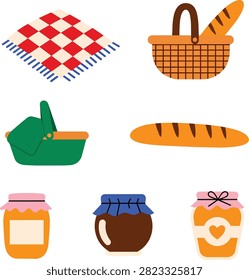 Picnic Vector Set with Basket Baguette Jam Jars and Blanket