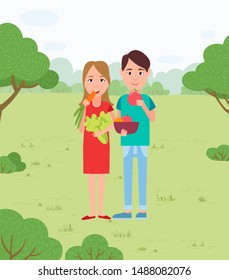 Picnic and vegetable snacks, vegans couple in park. Carrot and cabbage, apple and orange in bowl, girl and guy among trees and bushes on nature. Vector illustration in flat cartoon style