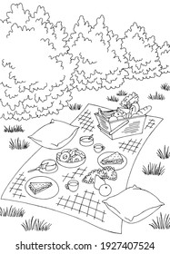 Picnic Vertical Graphic Black White Landscape Sketch Illustration Vector