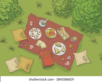 Picnic view from above top graphic color landscape sketch illustration vector