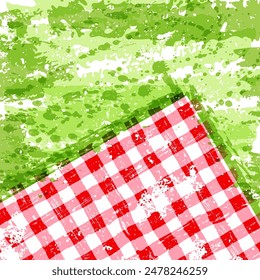 Picnic watercolor texture. Vector brush painted illustration. Square spring or summer background with tablecloth on green grass. Poster or banner with red gingham plaid on lawn