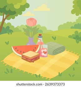 Picnic with Watermelon, Jam Sandwich, Cherry Drink, Blanket and Flower in Vase on Sunny Meadow Vector Illustration  
