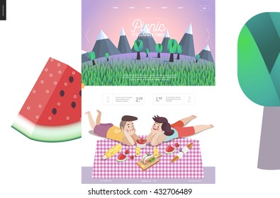 Picnic website template - landscape in header, and flat cartoon vector illustration of woman and man laying down on checkered plaid with picnic snack