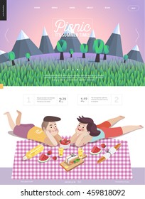 Picnic website template - landscape in header, and flat cartoon vector illustration of woman and man laying down on checkered plaid with picnic snack