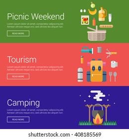 Picnic Weekend. Tourism. Camping. Flat Design Vector Illustration Concepts for Web Banners and Promotional Materials