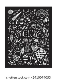 Picnic white linear vector illustration on black background