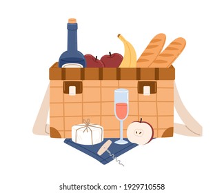 Picnic wicker basket with bottle of wine and food. Hamper with snacks, fruits, baguettes, cheese and alcoholic drink for summer lunch. Colored flat vector illustration isolated on white background