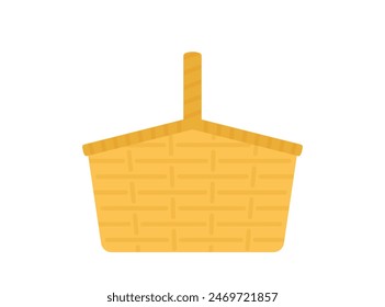 Picnic wicker basket. Willow woven hamper for a carrying food and products. Handle hamper, Handmade container. Minimal vector illustration, isolated on white. Clean and simple style