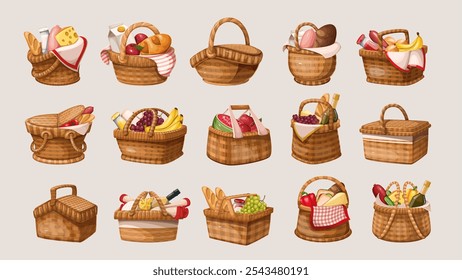 Piquenique cestas de vime conjunto de desenhos animados. Engraçado sacos de compras de bambu retro com alças e comida de almoço, hampers de madeira fechados e abertos. Mascote basketwork, desenho animado marrom trançado cestas vetor ilustração