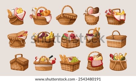 Picnic wicker baskets cartoon set. Funny retro bamboo shopping bags with handles and lunch food, closed and open wooden hampers. Basketwork mascot, cartoon brown braided baskets vector illustration