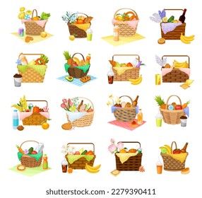 Picnic Wicker Baskets with Handle Full of Food Big Vector Set