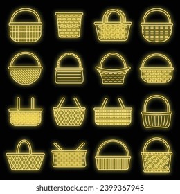 Picnic wicker icons set. Outline set of picnic wicker vector icons neon color on black