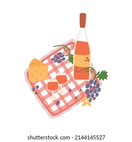 Picnic Wine Graphic Element. Garden Picnic, Outdoor Leisure, Romantic Dinner Outside On Red Blanket. Bottle Of Wine, Glass Of Wine, Grape, Cheese Vector Illustration For Gathering In The City Park.