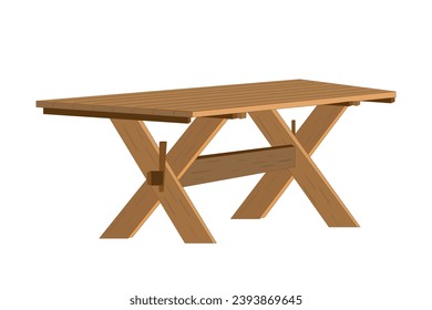 Picnic wood table. Empty table with for garden, park or camping. Terrace and backyard furniture for recreation, party or picnic.Equipment for summer patio, restaurant or cafe.Stock vector illustration