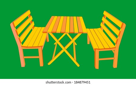 Picnic wooden table and benches vector isolated on green background. 