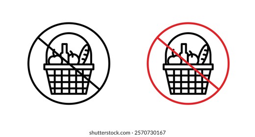 Picnics are prohibited signs vectors set in black and red colors on white background.