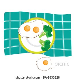 Picnic-vector style, scrambled eggs and broccoli
