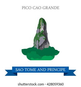 Pico Cao Grande in Sao Tome and Principe. Flat cartoon style natural sight showplace attraction web site vector illustration. World country vacation travel sightseeing Africa African island collection