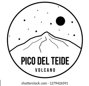 Pico del Teide. Vector black and white illustration of volcano in Spain. Print design. Hiking, trekking, camping. Travel and tourism